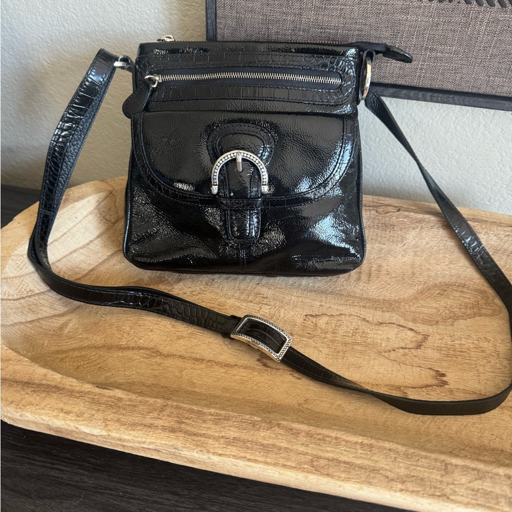 Brighton Bali Shine black patent leather organizer crossbody/shoulder bag.